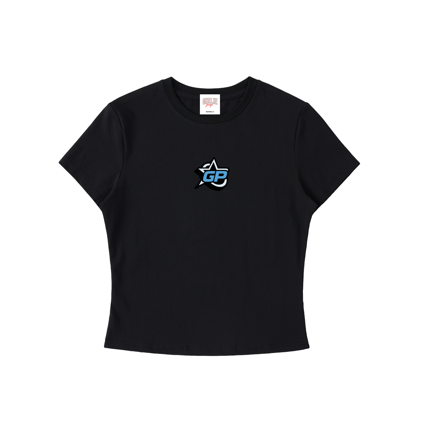 Black t-shirt with a logo on a white background