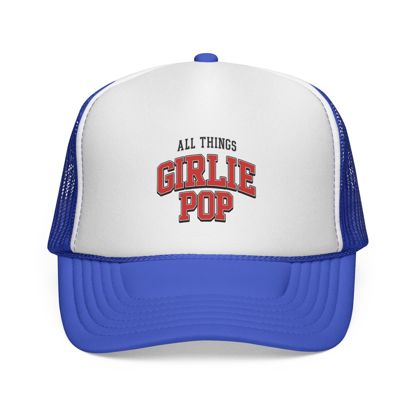 Blue and white trucker hat with 'All Things Girlie Pop' text on a white background