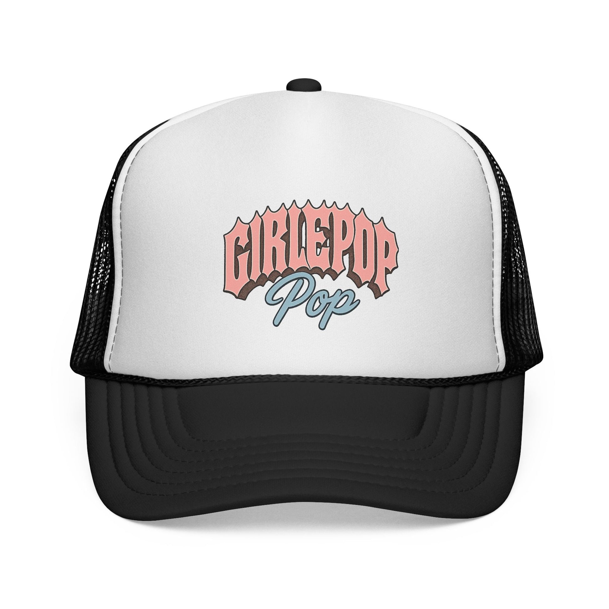 Trucker hat with 'GIRLEPOP Pop' text on a white background