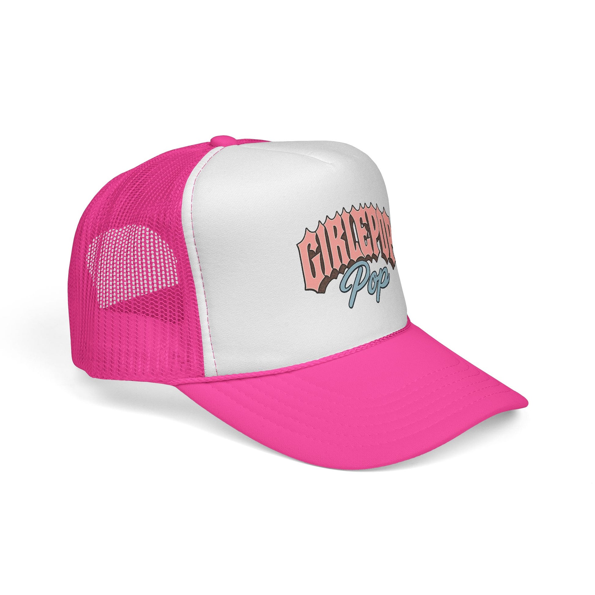 Pink and white cap with 'Girl Power Pop' text on a white background
