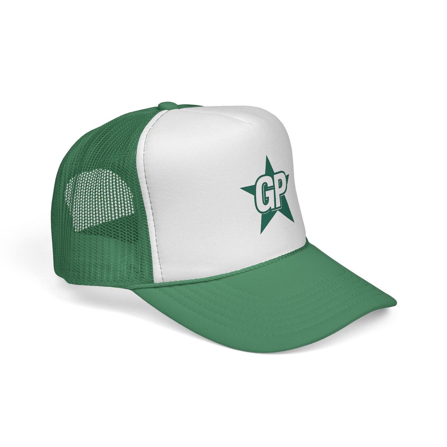 Green and white cap with 'GP' logo on a white background