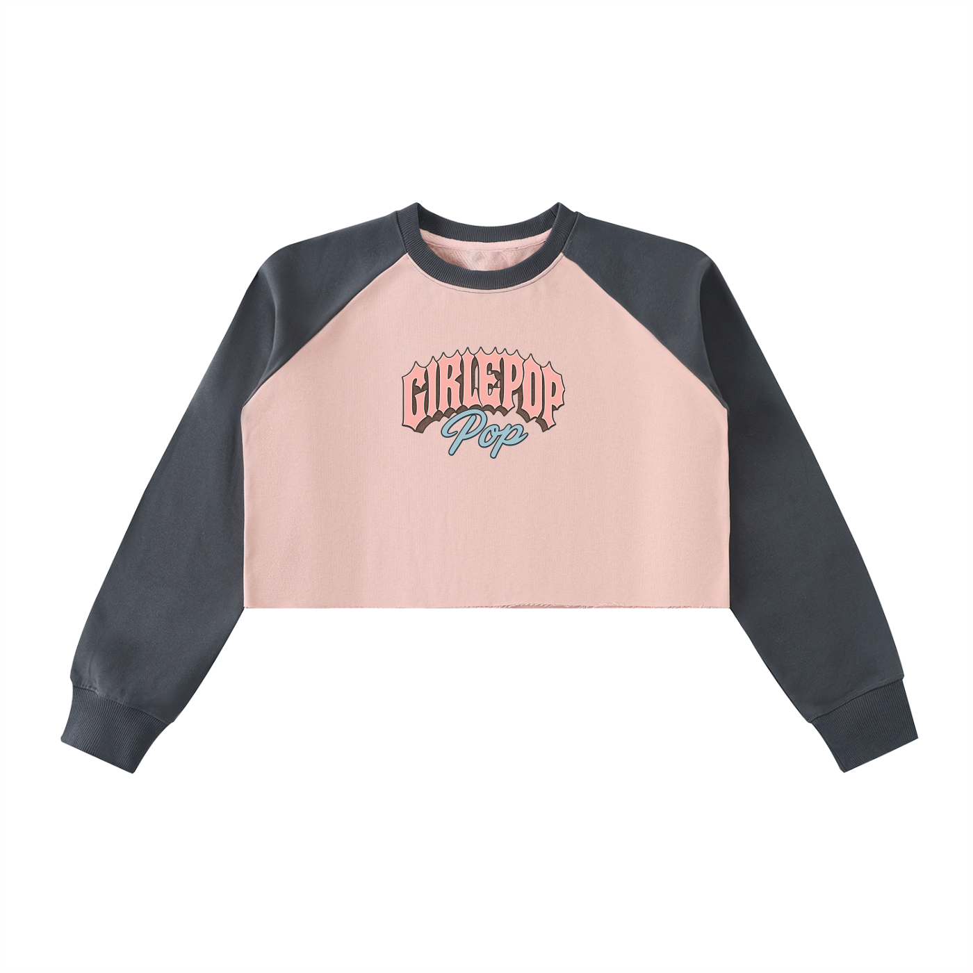 Pink With Dark Gray GirliePop Raw-Hem Color-Block Raglan Crop Sweatshirt - RockStar