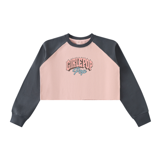 Pink With Dark Gray GirliePop Raw-Hem Color-Block Raglan Crop Sweatshirt - RockStar