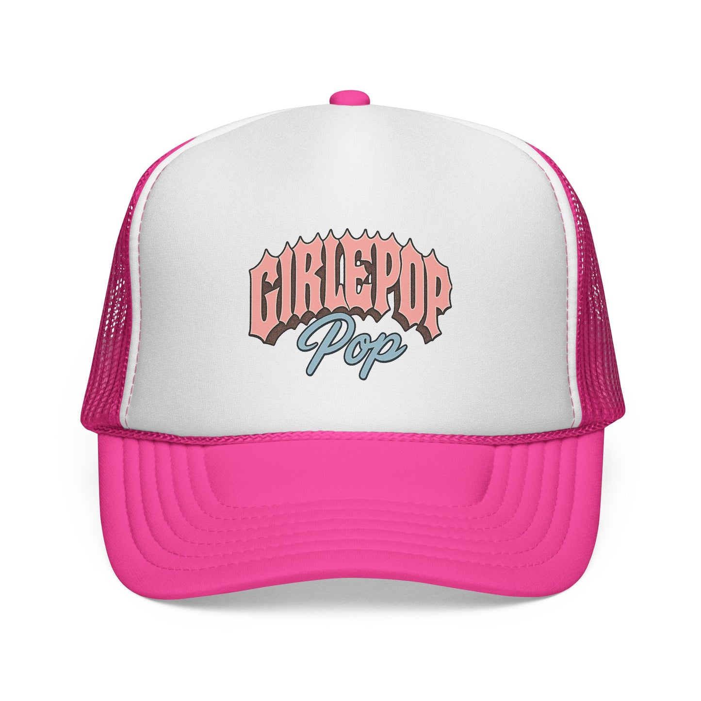 White and pink trucker hat with 'GIRLEPOP Pop' text on a white background