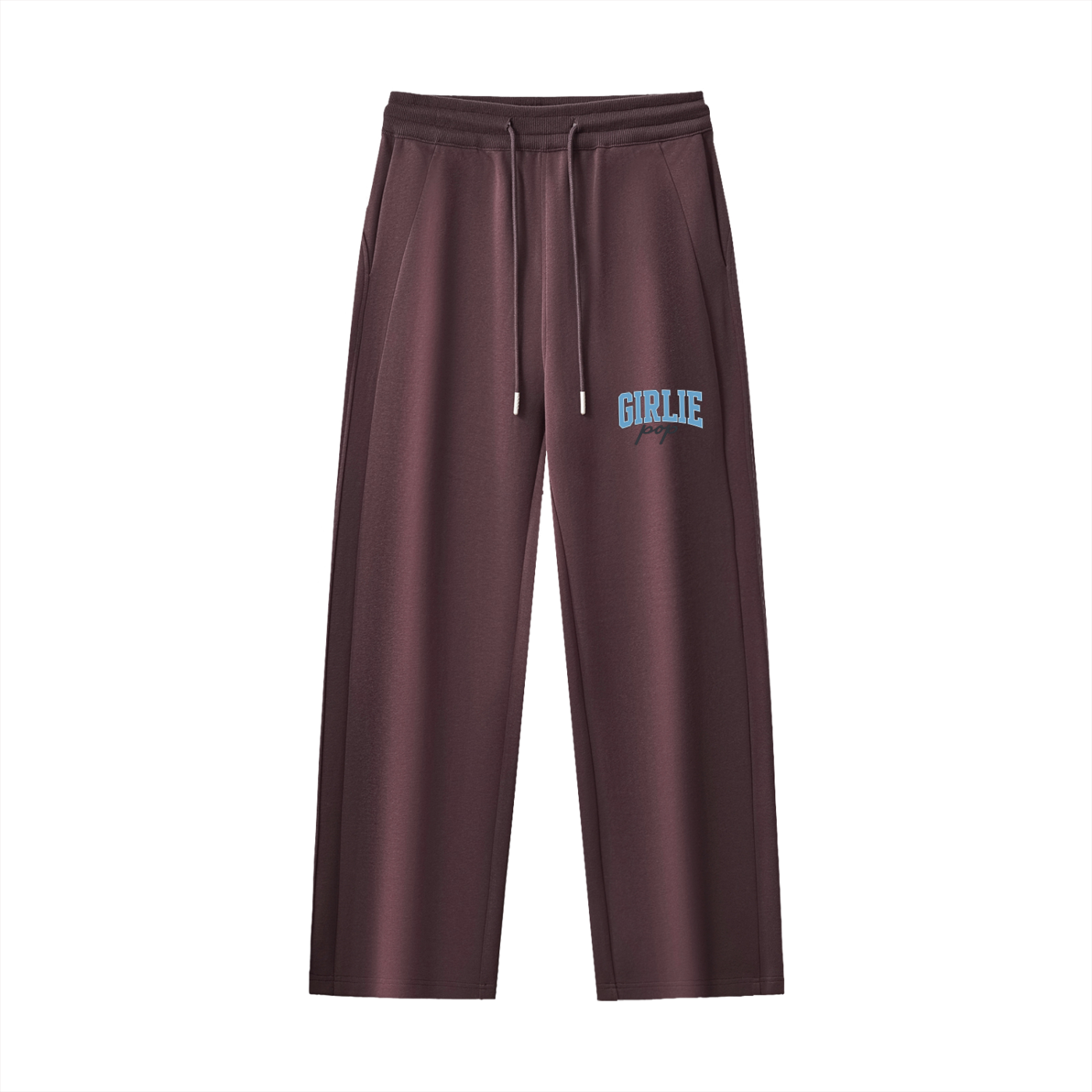 Brown sweatpants with 'GIRLIE' text on a white background