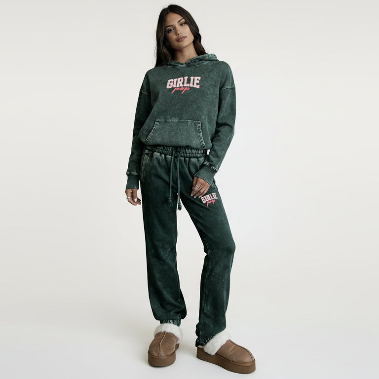 Blackish Green GirliePop Snow Wash Heavyweight Jogged Sweatpants - Varsity