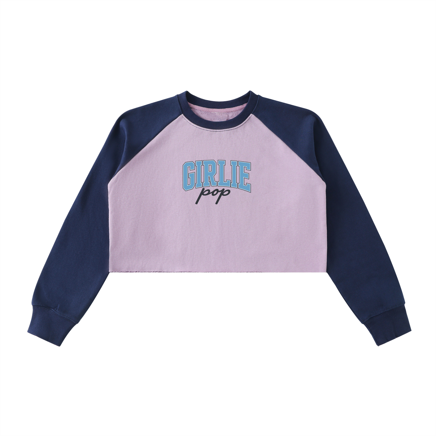 Light Purple with Royal Blue Girlie Pop Raw-Hem Color-Block Raglan Crop Sweatshirt - Varsity