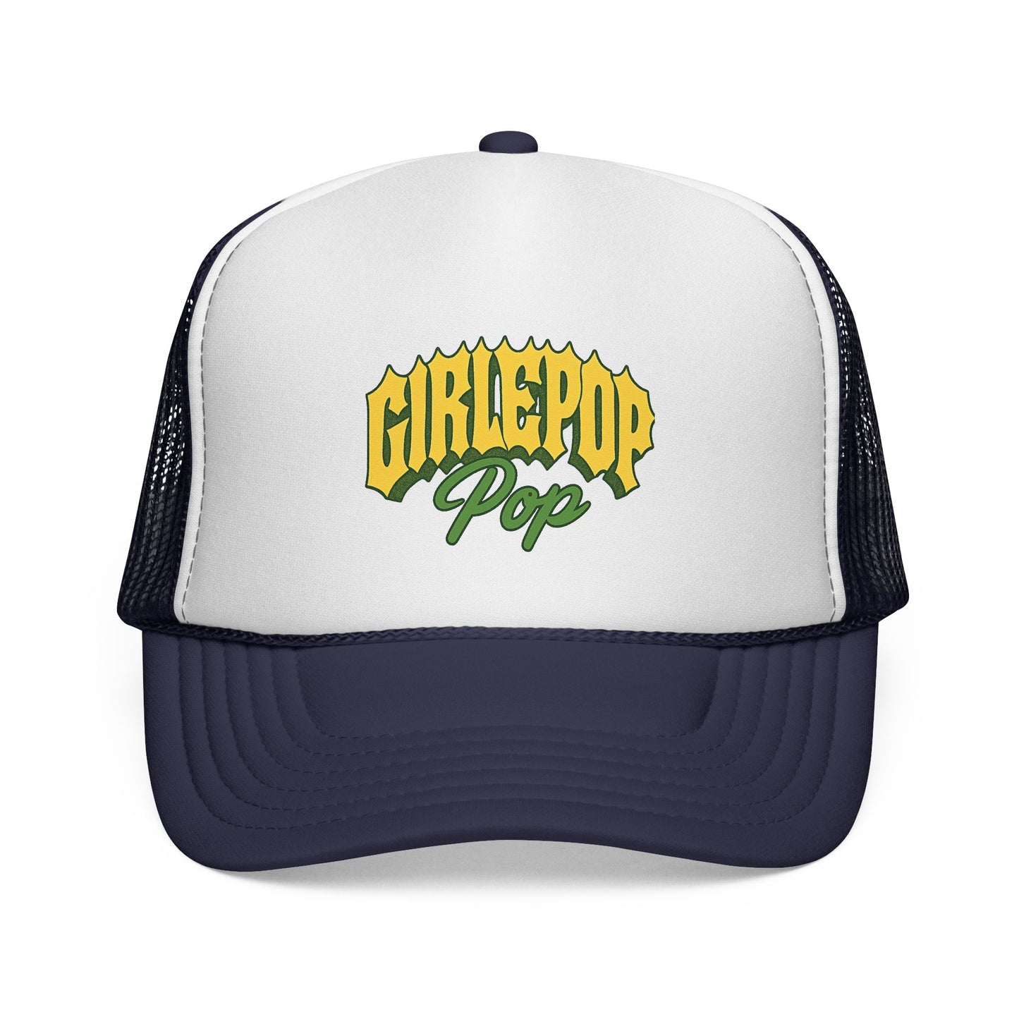 Trucker hat with 'GIRLEPOP Pop' text on a white background