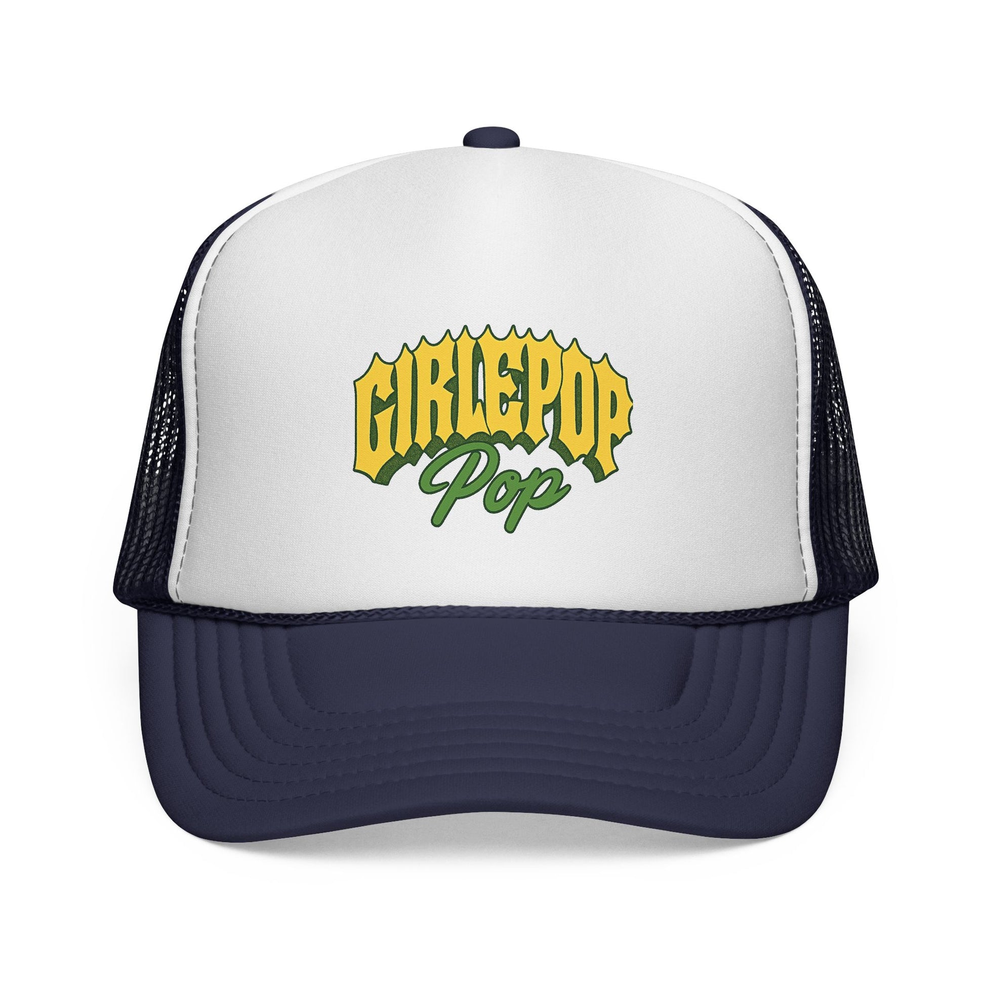 Trucker hat with 'GIRLEPOP Pop' text on a white background