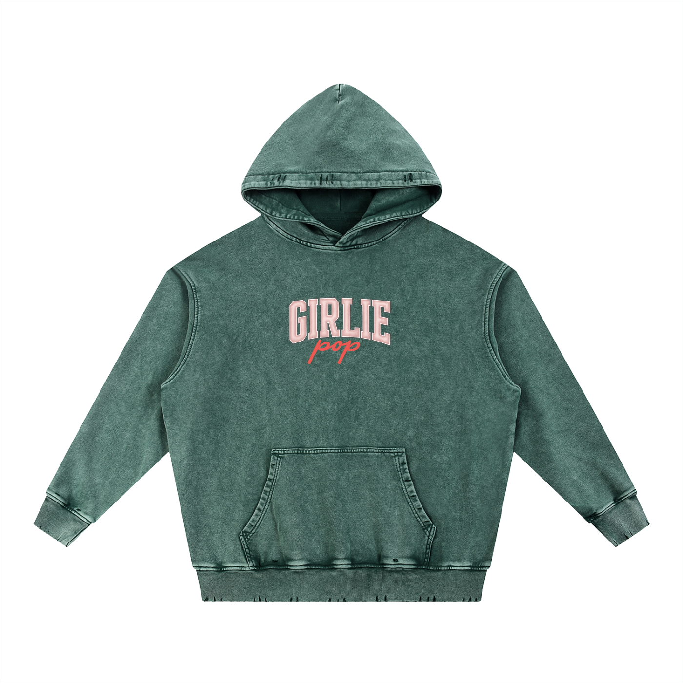 Blackish Green GirliePop Snow Wash Hand-Frayed Heavyweight  Hoodie - Varsity