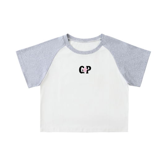 White with Gray GirliePop Color-Blocked Raglan Sleeve Crop Top - SGP