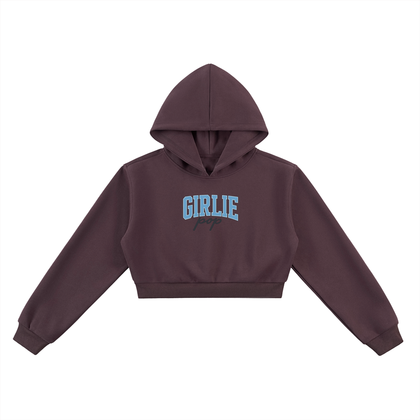 Brown hoodie with 'GIRLIE' text on a white background
