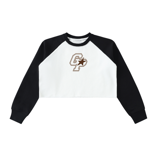 Beige with Black GirliePop Raw-Hem Color-Block Raglan Crop Sweatshirt - SGP