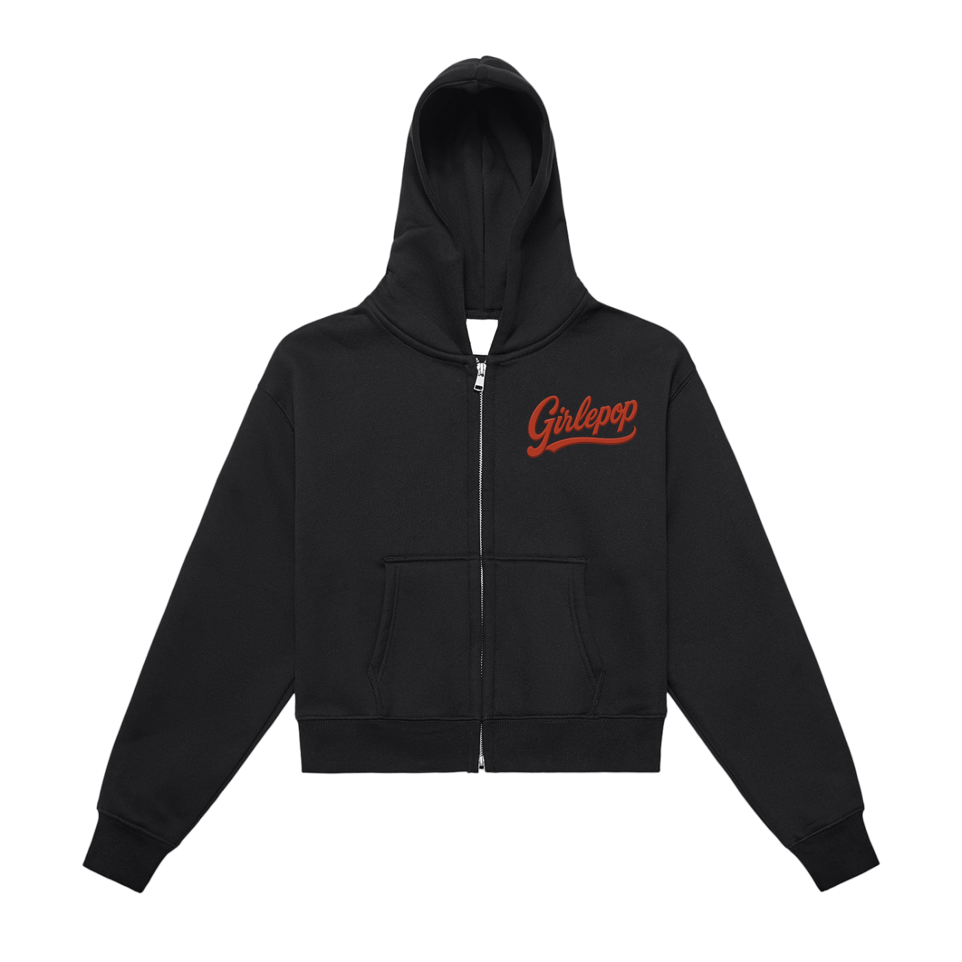 Black GirliePop Fleeced Zip-Up Cropped Hoodie