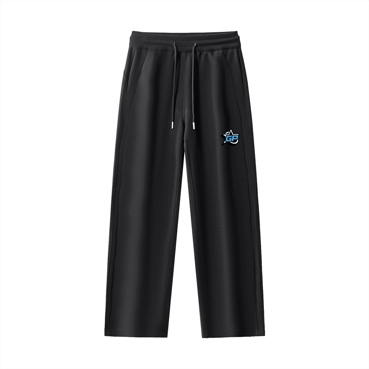 Black pants with a logo on a white background