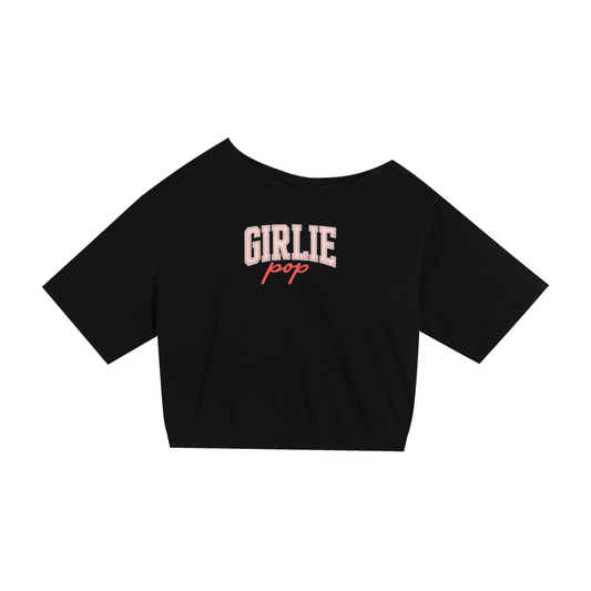 Black GirliePop Asymmetric Shoulder Oversized Cotton T-Shirt - Varsity